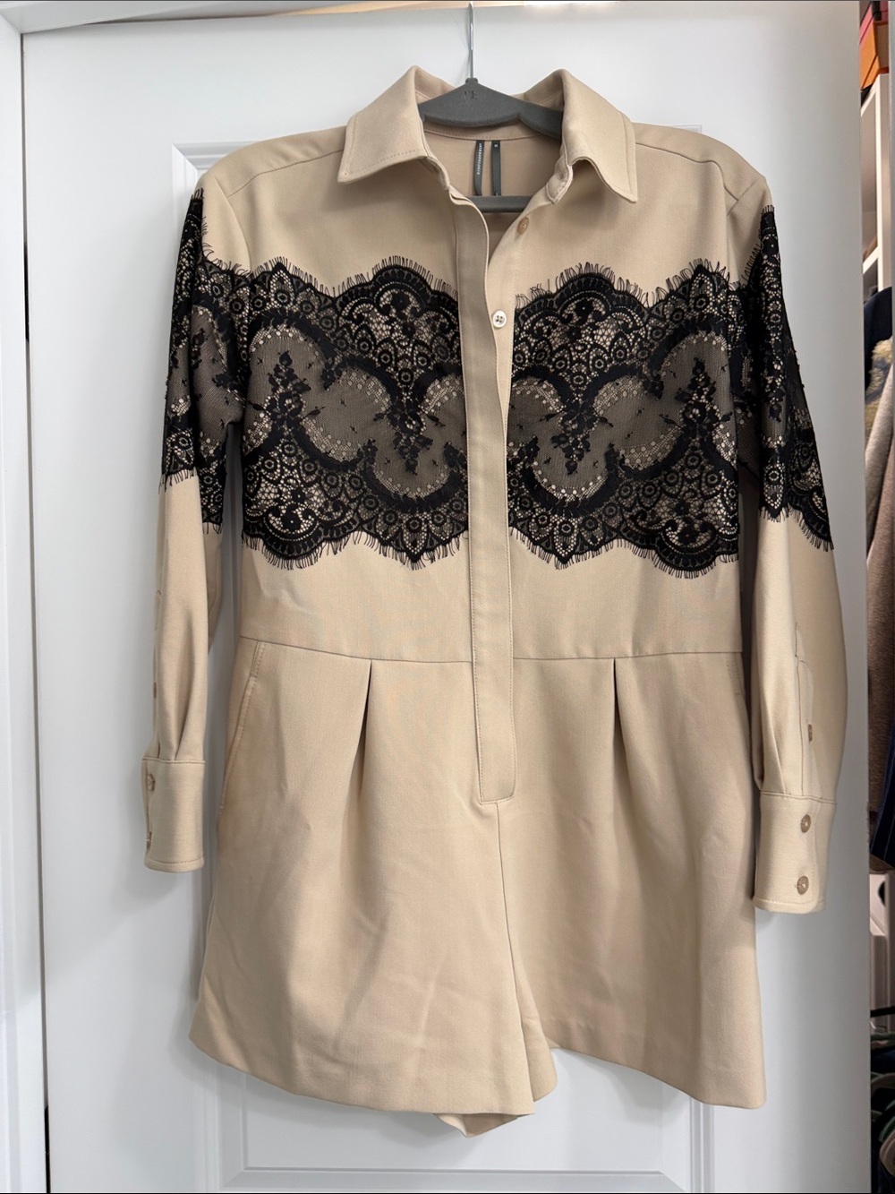 Anthropologie Beige Trench Romper with Black Lace Overlay